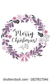 Christmas wreath in purple and pink colors isolated on white background. Vector graphics.