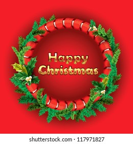 Christmas wreath with read ribbons. Vector illustration.