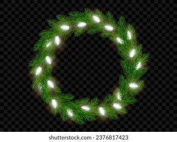 Christmas wreath of realistic fir tree branches with electric garland on black transparent background. Frame of spruce branches with garland of white light bulbs for New Year greeting cards, banners