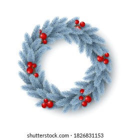 Christmas wreath with realistic fir-tree branches and berries. Decorative design element for holiday posters, flyers, banners. Isolated on white background. Vector illustration.