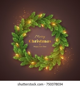 Christmas wreath with realistic glossy garland, glowing lights. Golden Merry Christmas and happy new year text, holiday background. Vector illustration.