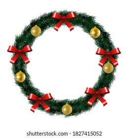 Christmas Wreath with realistic Pine Branches, Red Bow and Golden Balls. Christmas Decoration Design Element. Isolated on white Background. Vector illustration.
