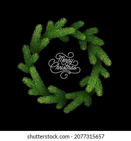 Christmas wreath of realistic pine branches. Round frame with xmas decorate. Vector holiday background.