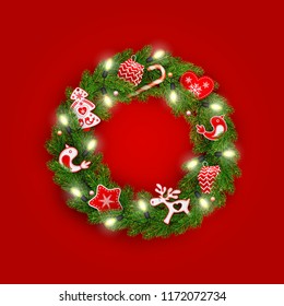 Christmas wreath of realistic spruce branches, garlands with luminous light bulbs, holly berries, Christmas red and white decorations in the Scandinavian style, vector
