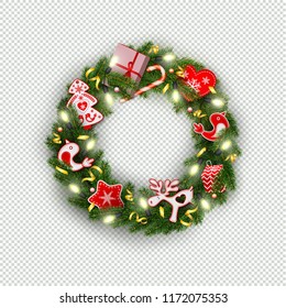Christmas wreath of realistic spruce branches, garlands with luminous light bulbs, holly berries, Christmas red and white decorations in the Scandinavian style, vector