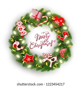 Christmas wreath of realistic spruce branches, garlands with luminous light bulbs, Christmas red and white decorations in the Scandinavian style, vector