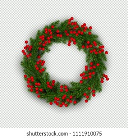 Christmas wreath of realistic Christmas tree branches and holly berries Element for festive design isolated on transparent background Vector illustration