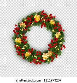 Christmas wreath of realistic Christmas tree branches holly berries gifts Element for festive design isolated on transparent background Vector illustration