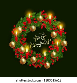 Christmas wreath of realistic Christmas tree branches, golden balls, lighted candles and holly berries Element for festive design isolated on transparent background Vector illustration