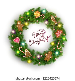 Christmas wreath of realistic Christmas tree branches, lightbulbs, gift, cookies, sweets, congratulations Element for festive design isolated on transparent background Vector illustration