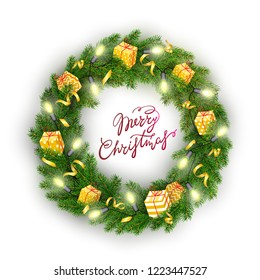 Christmas wreath of realistic Christmas tree, branches, lightbulb, gifts Element for festive design isolated on white background Vector illustration
