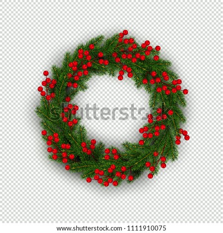 Christmas wreath of realistic Christmas tree branches and holly berries Element for festive design isolated on transparent background Vector illustration