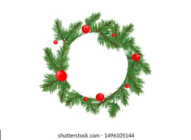 Christmas wreath with red balls. Copy space vector illustration.