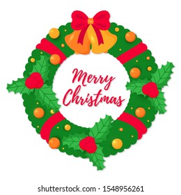 Christmas Wreath with Red berries, bow, ribbon, bells and balls. Icon isolated on white background. New year decoration, christmas design for invitation, greeting card. Vector Illustration