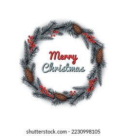 Christmas wreath with red berries and brown spruce cones. Happy new year and Xmas postcard, holiday party invitation