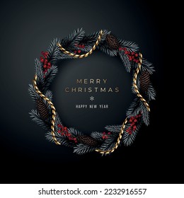 Christmas wreath with red berries, brown spruce cones, and gold ribbons on dark background. Happy new year and Xmas postcard, holiday party invitation