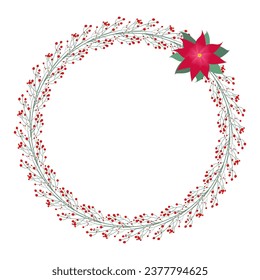 Christmas wreath with red berries and a red flower, with a place for text. Vector illustration.
