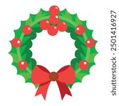 Christmas wreath with red berries, green leaves, and a big red bow