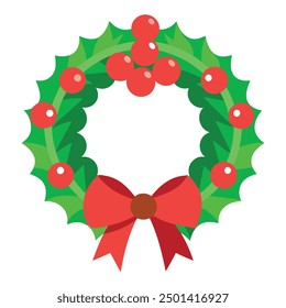 Christmas wreath with red berries, green leaves, and a big red bow