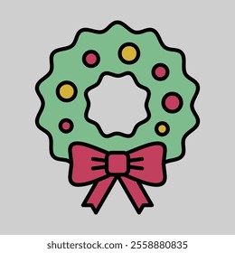 Christmas wreath with red berries, green leaves, and a big red bow vector icon. Winter sign. Graph symbol for event and holiday web site and apps design, logo, app, UI