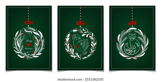 Christmas wreath with red berries and leaves on dark green background. Hanging Christmas tree balls collection with house, bird and fox. Elegant greeting cards set for New Year. Vector illustration.