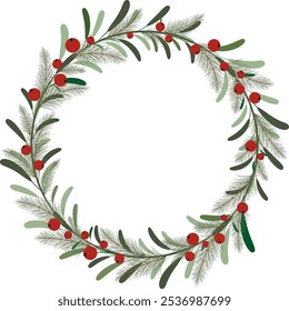 Weihnachtskranz mit roten Beeren auf grünen Blattästen einzeln auf weißem Hintergrund. Vektorgrafik Weihnachten und Silvester Girlande.