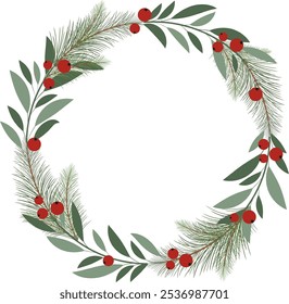 Christmas wreath with red berries on green leaf branches and leaves isolated on white background. Vector illustration christmas and new year garland.