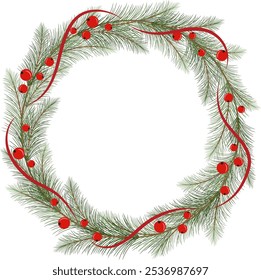 Christmas wreath with red berries and ribbon wrapped around green leaf branches isolated on white background. Vector illustration christmas and new year garland.