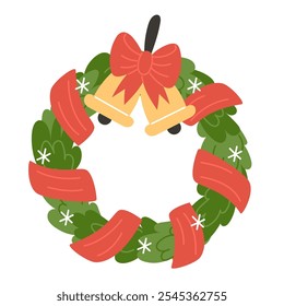 Christmas wreath with red bow, bells, and snowflakes
