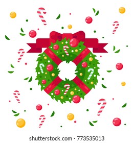 Christmas wreath with red bow and different decorations. Merry Christmas card concept. Flat vector illustration
