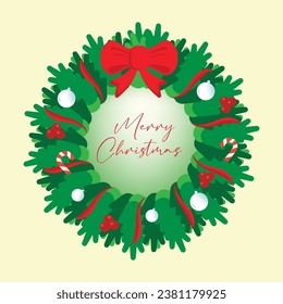 Christmas wreath with red bow and festive elements. Seasonal celebration decoration background. Christmas tradition vector illustration.