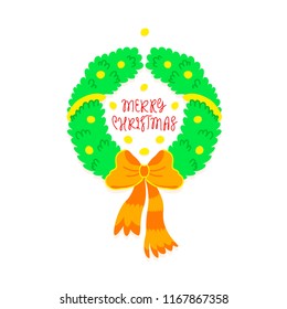 Christmas wreath with red bow, gold decor and Merry Christmas lettering in doodle style. Cartoon holiday illustration. Simple vector design can be used for greeting cards, banners, flyers, animation