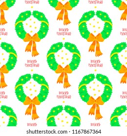 Christmas wreath with red bow, gold decor and Merry Christmas lettering in doodle style. Cartoon holiday pattern. Simple vector design can be used for greeting cards, banners, flyers, wrapping