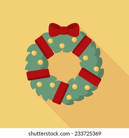 Christmas wreath with red bow icon with long shadow. Vector illustration minimal flat design. 