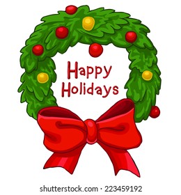 Christmas wreath with red bow. Isolated illustration.