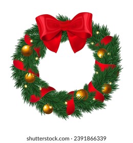 Christmas wreath with red bow. Isolated vector illustration.