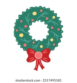 Christmas wreath with red bow. Isolated element for design of cards, patterns, banners. Christmas and New Year. Vector illustration.