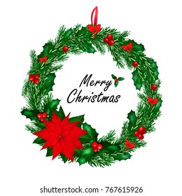 Christmas wreath with red bow and christmas mistetoe. Realistic vector illustration.