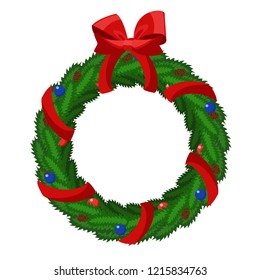 Christmas wreath with red bow on a white.