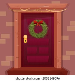 Christmas Wreath with red bow on retro wooden Door in cartoon style isolated on white background. Winter, holiday decoration. Vector illustration