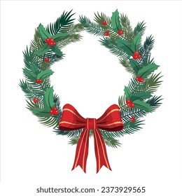 corona de Navidad con arco rojo. Vela de ramas de pino con bayas huecas. Aislado sobre fondo blanco. Diseño de tarjetas estacionales de Año Nuevo Feliz