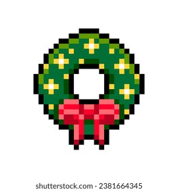 Christmas wreath with red bow pixel icon isolated on white background. Door wreath with lights in 16-bit old style. Vector illustration of New Year elements.