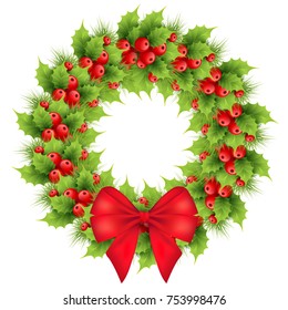 Christmas wreath with red bow, realistic holly, fir tree branches. Holiday ilex, winter decoration element. isolated vector illustration on a white background