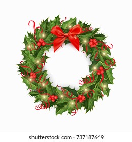 Christmas wreath with red bow and ribbon holiday holly ilex winter decoration element. isolated vector illustration on a white background