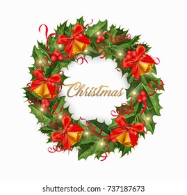 Christmas wreath with red bow, ribbon and golden bells holiday holly ilex winter decoration element. isolated vector illustration on a white background