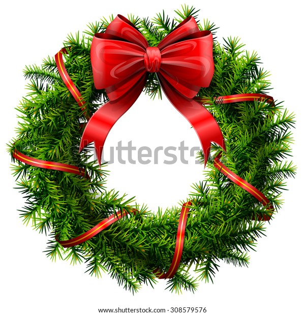 赤い弓とリボンを持つクリスマスリース 白い背景に松の枝の飾り花輪 元日 クリスマス 装飾 冬休み デザイン 大晦日などのベクター画像 のベクター画像素材 ロイヤリティフリー