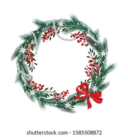 Christmas Wreath with Red Bow and Twigs with Berries Twisted in a Circle Vector Illustration