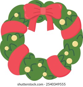 Christmas wreath with red bow and yellow balls. Cute holiday object