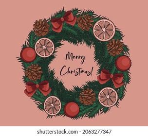 Christmas wreath with red bows, red balls, pine cones and orange slices.