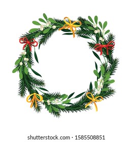 Christmas Wreath with Red Bows and Mistletoe Twigs Twisted in a Circle Vector Illustration